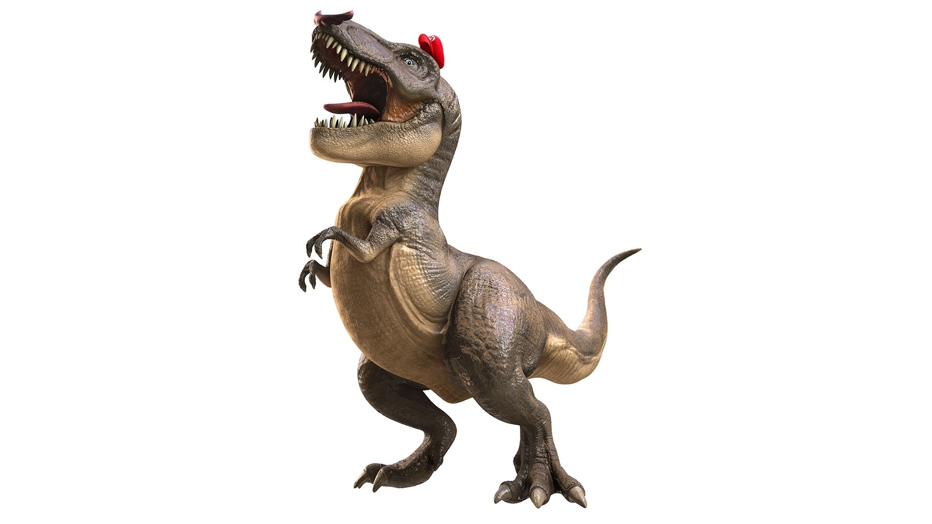 HD PC desktop wallpaper featuring a T-Rex wearing Mario’s red cap from the video game Super Mario Odyssey.