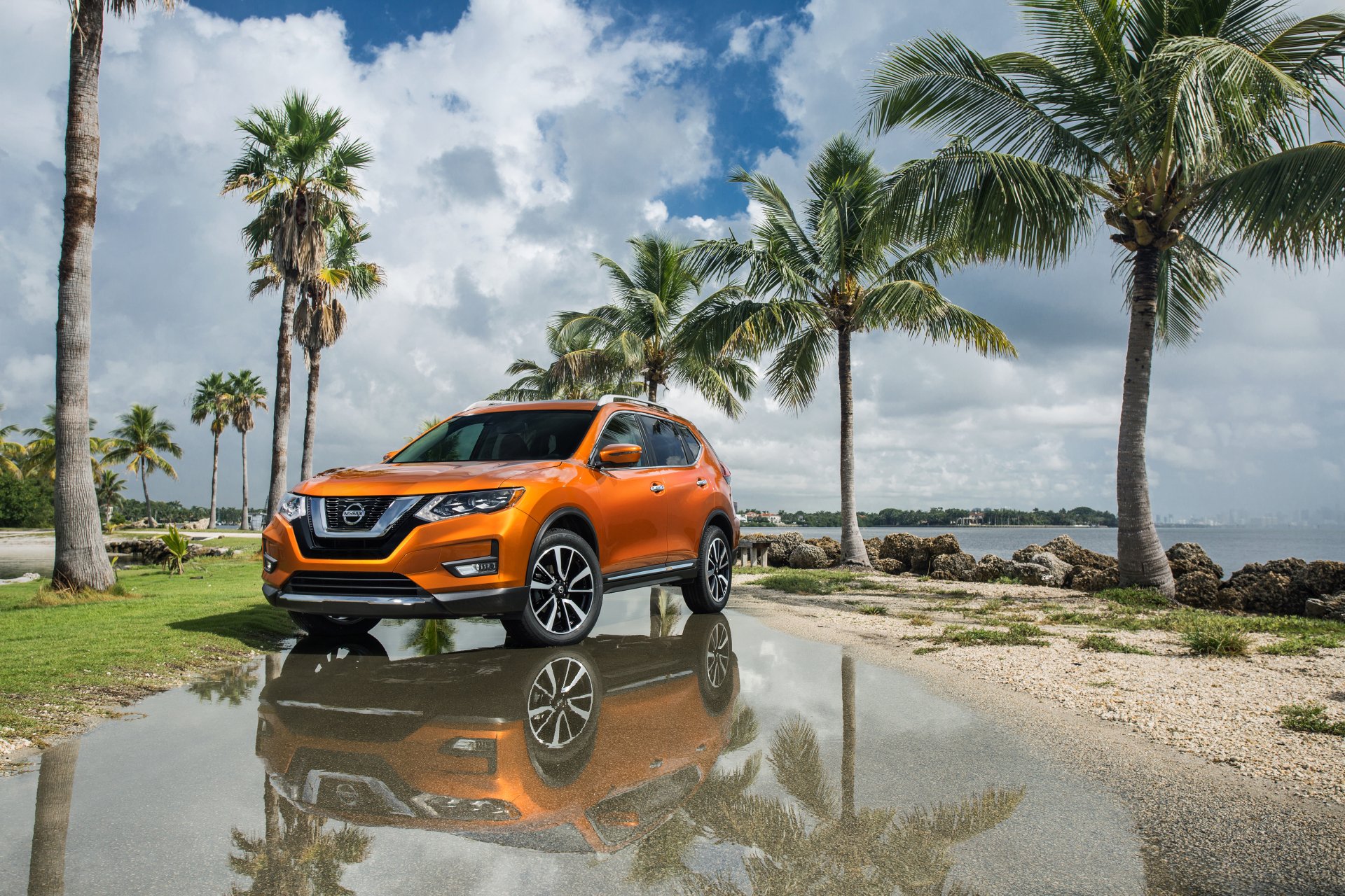 Download SUV Orange Car Palm Tree Reflection Car Nissan Vehicle Nissan Rogue 4k Ultra HD Wallpaper