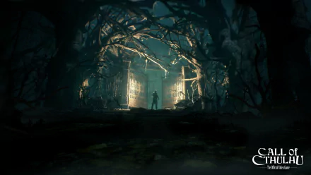 A dark, eerie forest scene from the video game Call of Cthulhu: The Official Video Game shows a silhouetted figure standing before illuminated gates.