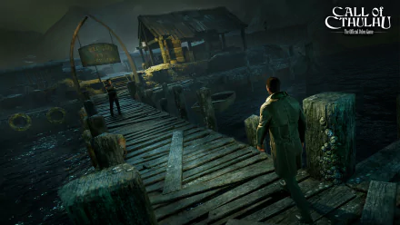 Dark, eerie dock scene from Call of Cthulhu: The Official Video Game, rendered in HD for PC desktop wallpaper and background use.