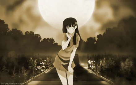 Sepia-toned anime wallpaper featuring a girl from Sankarea standing on a path with a large moon and dark trees in the background.