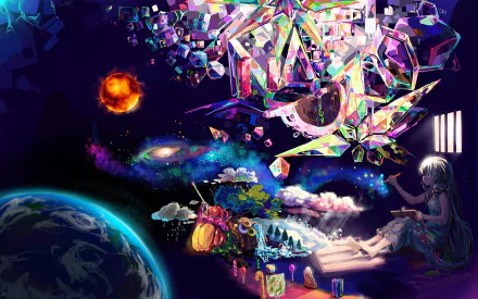 HD desktop wallpaper of an original anime drawing featuring Earth, a galaxy, and bright sunlight. The scene is vibrant with abstract colors and patterns, depicting a fantasy world in space.