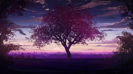 HD PC desktop wallpaper featuring a vibrant sakura tree at sunset, blending themes of love, money, and rock'n'roll with a video game aesthetic.