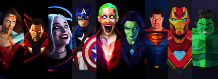 HD desktop wallpaper featuring vibrant illustrations of Harley Quinn, Captain America, Joker, Gamora, Superman, and Iron Man from various comic books, set against a dark background.