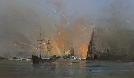 Fantasy-themed HD desktop wallpaper depicting a ship sailing near a rocky cliff with a glowing, fiery sky in the background.