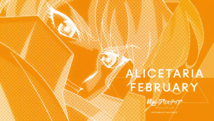 HD PC desktop wallpaper featuring Alicetaria February from the anime Re:Creators in an orange halftone design with bold white text.