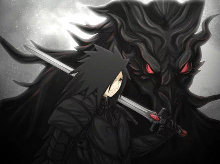 An HD desktop wallpaper featuring Madara Uchiha from the anime Naruto, depicted wielding a sword with a dark, ominous background.