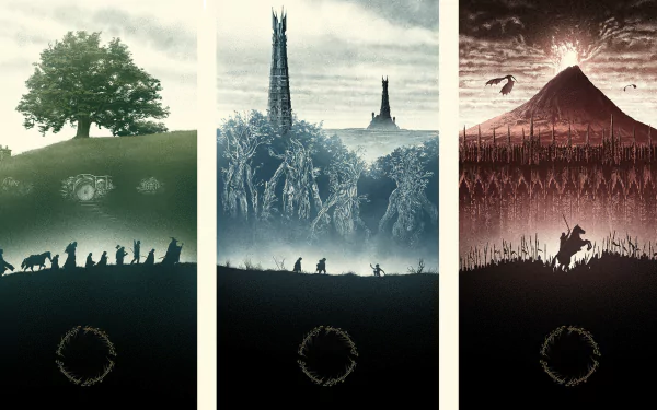 HD desktop wallpaper inspired by The Lord of the Rings, depicting three iconic scenes: the Fellowship's journey under a tree, Isengard, and Mount Doom with a lone figure approaching.