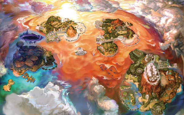 HD desktop wallpaper featuring a vibrant map of the Alola region from the video games Pokémon Ultra Sun and Ultra Moon, showcasing islands and landmarks in vivid colors.