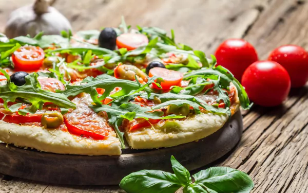 8K Ultra HD still life of a fresh tomato pizza topped with olives and arugula, set on a rustic wooden surface with tomatoes and basil in the background.