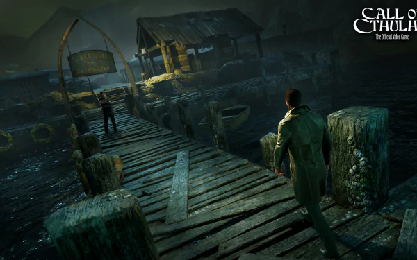 Dark, eerie dock scene from Call of Cthulhu: The Official Video Game, rendered in HD for PC desktop wallpaper and background use.
