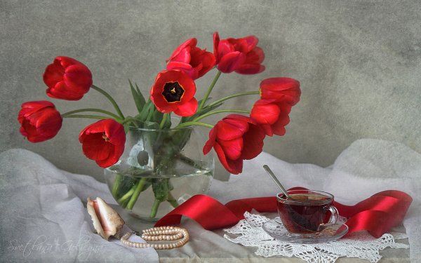 Photography Still Life Bowl Flower Tulip Tea Ribbon Red Flower HD Wallpaper | Background Image