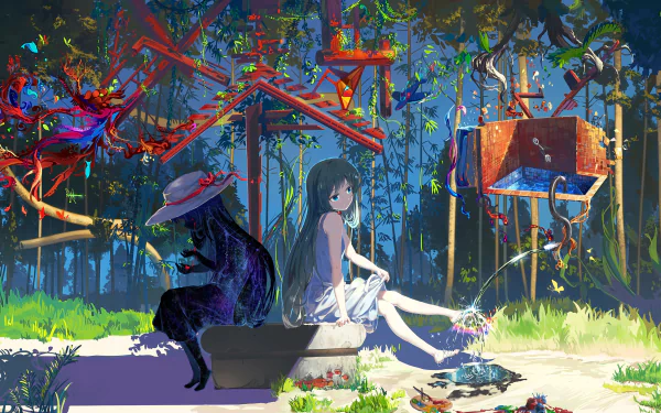 An anime scene featuring a girl with blue eyes in a white dress sitting beside a shadowy figure in a hat. They are surrounded by sunlight and water splashes in a colorful, paint-like forest background.