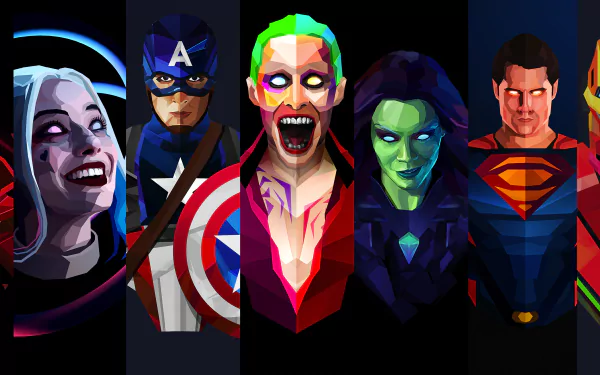 HD desktop wallpaper featuring vibrant illustrations of Harley Quinn, Captain America, Joker, Gamora, Superman, and Iron Man from various comic books, set against a dark background.