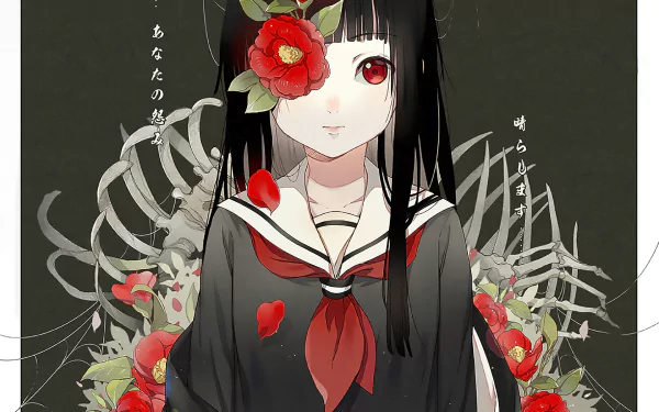 HD anime desktop wallpaper featuring Ai Enma from Jigoku Shōjo, with red flowers and skeletal elements creating a dark, captivating background.