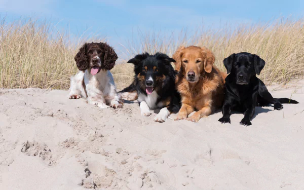 Four dogs—a spaniel, an Australian shepherd, a golden retriever, and a black Labrador—rest on sandy dunes under a bright blue sky in this 4K Ultra HD desktop wallpaper.