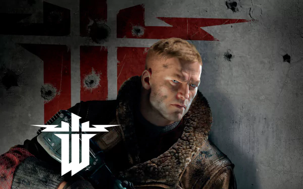 B.J. Blazkowicz from Wolfenstein II: The New Colossus is shown in this HD PC desktop wallpaper, featuring a rugged, battle-worn look against a bullet-riddled wall.