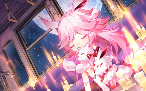 Anime character with pink hair, cat ears, and white outfit, sleeping against a window inside a train filled with glowing candles. Background features a night sky and full moon. Tags: Anime, Benghuai Xueyuan.
