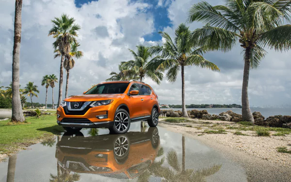 SUV orange car palm tree reflection car Nissan vehicle Nissan Rogue HD Desktop Wallpaper | Background Image