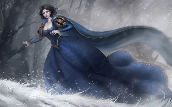 HD desktop wallpaper featuring Snow White with short black hair in a blue dress, set in a snowy, mystical forest scene from a movie.
