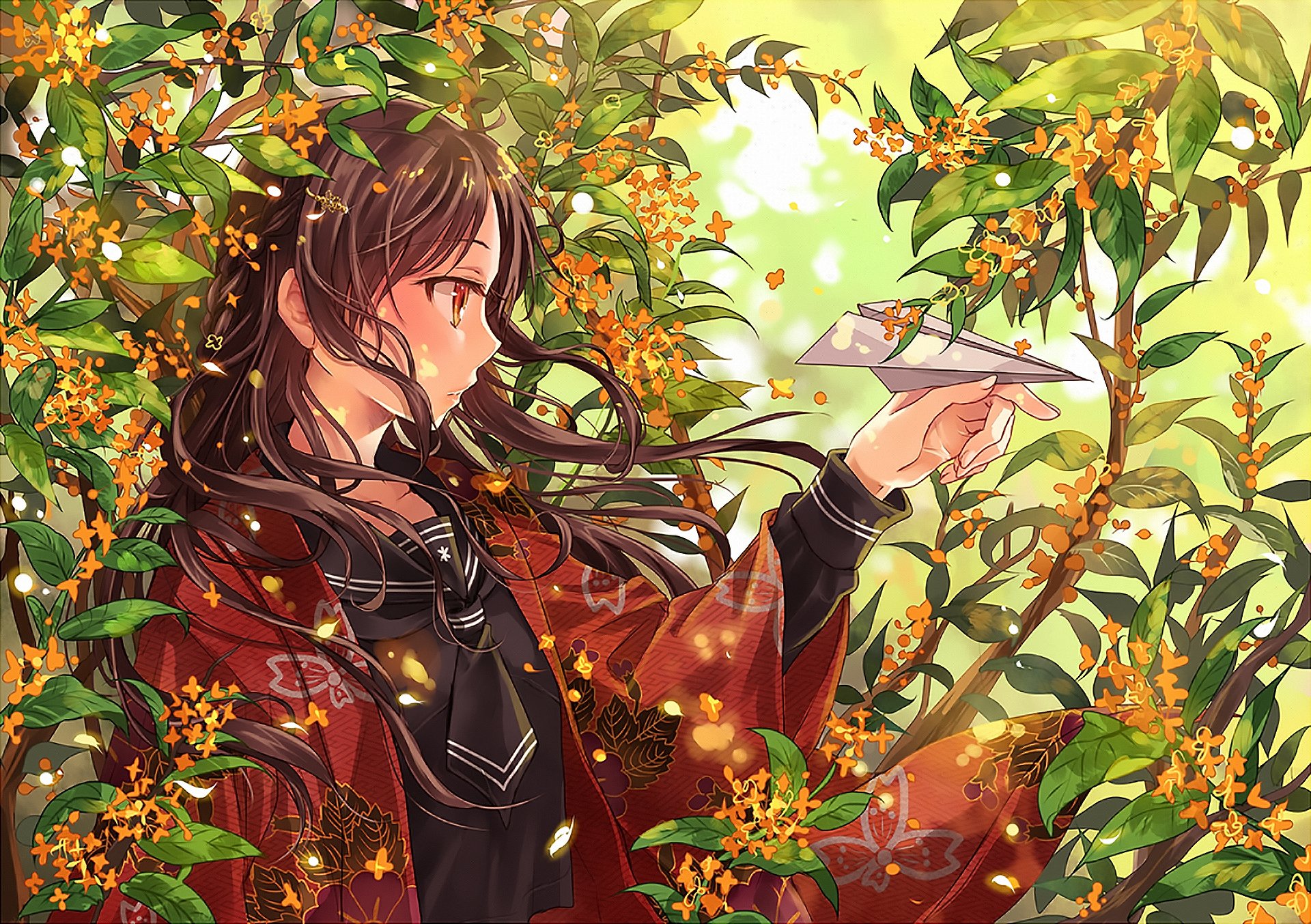 Anime Original HD PC desktop wallpaper and background: a young woman in a red kimono-like coat stands among orange blossoms, sunlight filtering through leaves as she releases a paper airplane.
