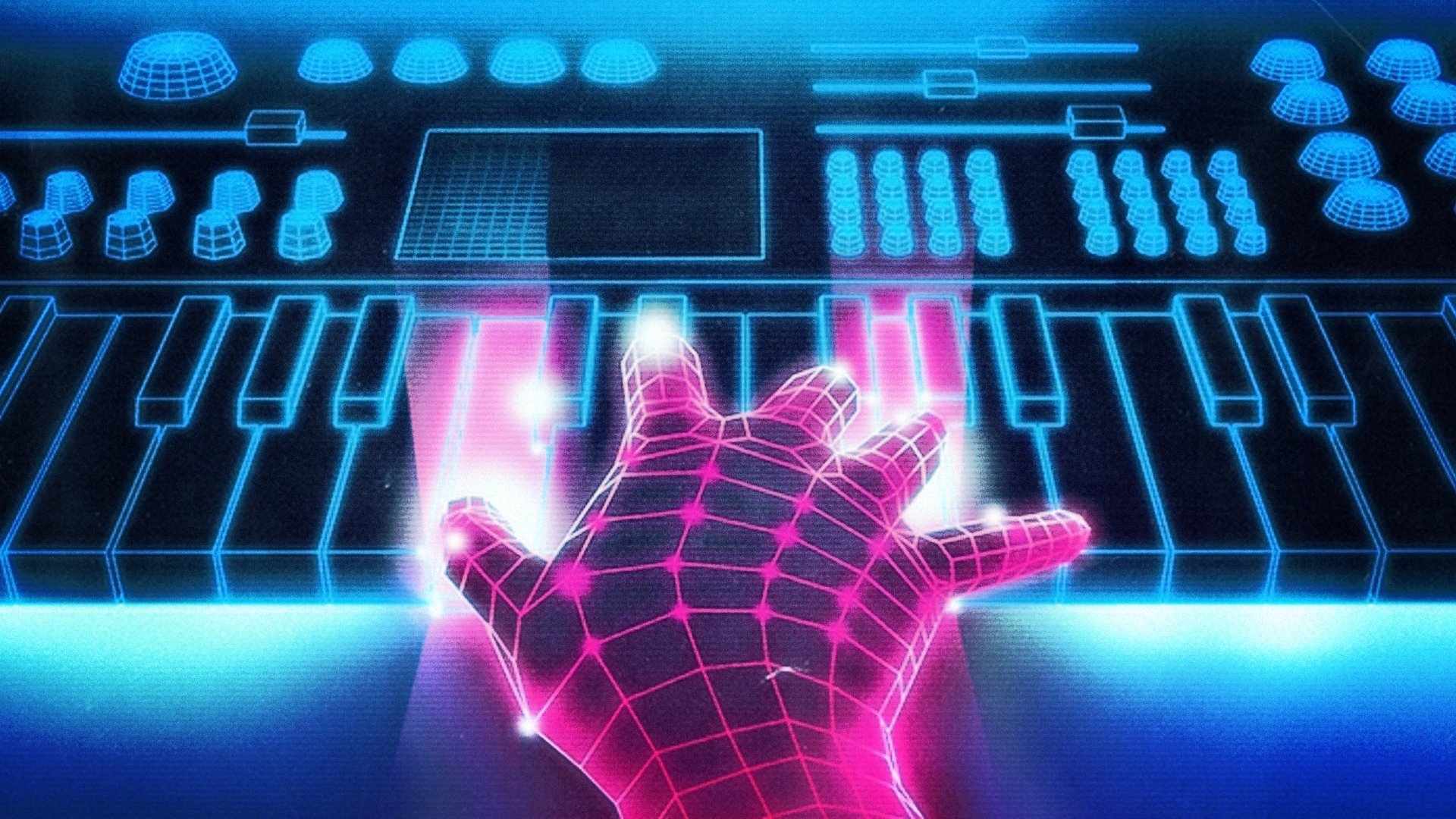 Artistic retro HD PC desktop wallpaper and background: neon pink wireframe hand playing a glowing blue synth keyboard and control panel in an 80s synthwave/cyberpunk style.