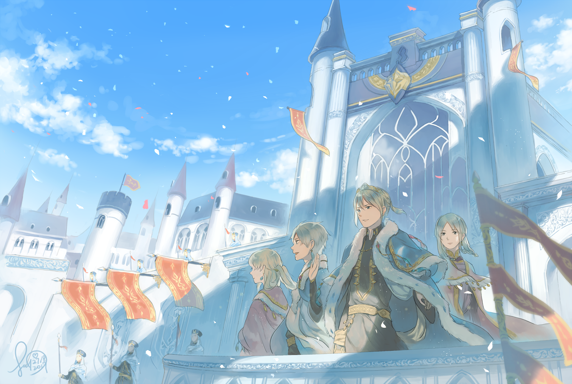 HD PC desktop wallpaper featuring Zen Wistalia Clarines from the anime Snow White with the Red Hair, standing confidently before a majestic castle under a bright blue sky.