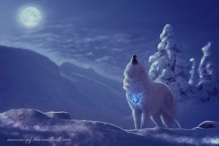A white wolf stands on snowy ground beneath a full moon, surrounded by snow-covered trees on a clear winter night.