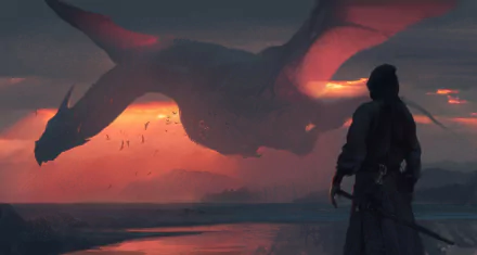 HD fantasy PC desktop wallpaper showing a dramatic scene of a large dragon flying at sunset, with a lone figure standing on the shore watching.