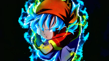 HD image of Pan from Dragon Ball GT in Super Saiyan Blue form, surrounded by electric blue and yellow energy aura. This dynamic anime wallpaper is tagged with Dragon Ball, Super Saiyan Blue, and HD desktop background.
