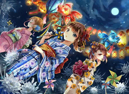 Anime-style HD desktop wallpaper of three girls in colorful yukata under a full moon, holding lanterns and surrounded by flowers, fish, and ribbons at a vibrant night festival.