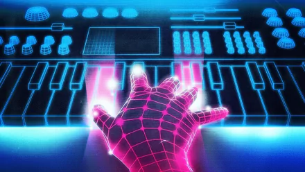 Artistic retro HD PC desktop wallpaper and background: neon pink wireframe hand playing a glowing blue synth keyboard and control panel in an 80s synthwave/cyberpunk style.