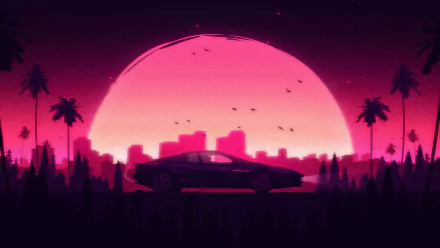 Retro artistic HD wallpaper featuring a silhouette of a car against a glowing pink sunset, with a city skyline and palm trees in the background.