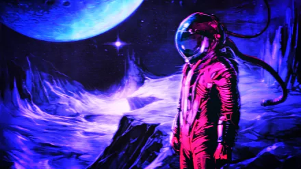 Artistic retro-style HD desktop wallpaper featuring an astronaut in a vibrant, neon-lit space landscape with a large planet and stars in the background.