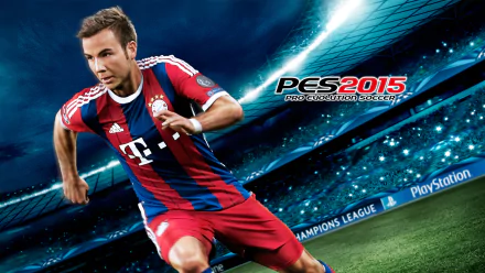 HD PC desktop wallpaper featuring Mario Gotze in action from the video game Pro Evolution Soccer 2015, set in a vibrant stadium environment.