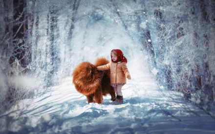 HD PC desktop wallpaper background: a little girl in a red hood walks along a snowy, tree-lined road with a fluffy chow chow dog, winter photography capturing a cute, snowy scene.