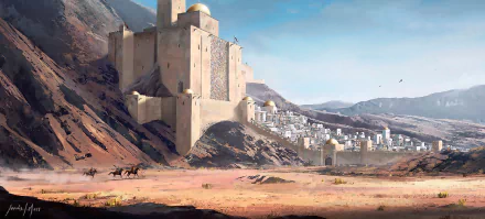 A vast fantasy city with towering, fortress-like buildings set against mountains under a bright sky, captured in HD quality as a detailed PC desktop wallpaper.