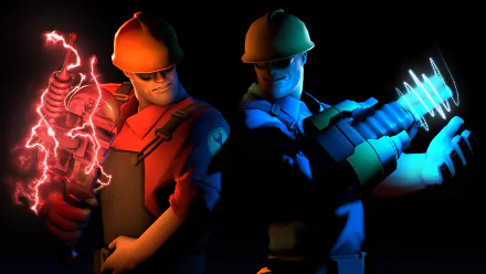 4K Ultra HD wallpaper featuring two Team Fortress 2 engineers, one glowing red with electricity and the other blue with a futuristic weapon, set against a dark background.