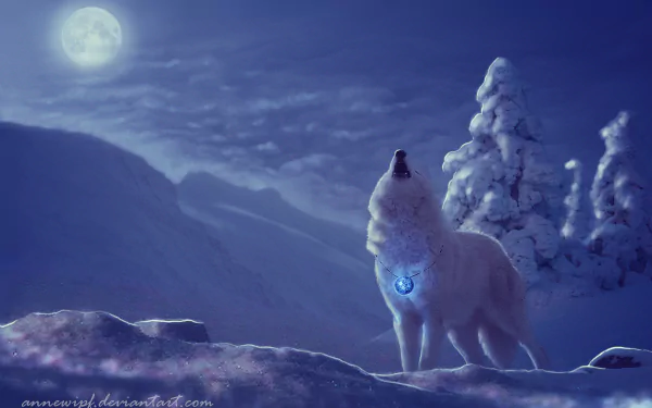 A white wolf stands on snowy ground beneath a full moon, surrounded by snow-covered trees on a clear winter night.