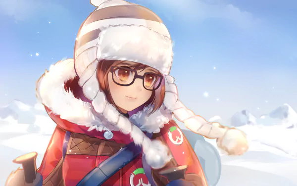 HD PC desktop wallpaper featuring Mei from the video game Overwatch, dressed in winter gear against a snowy background.