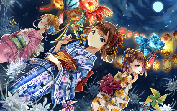 Anime-style HD desktop wallpaper of three girls in colorful yukata under a full moon, holding lanterns and surrounded by flowers, fish, and ribbons at a vibrant night festival.