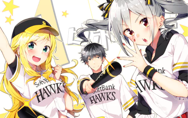 HD PC desktop wallpaper featuring Yui Ohtsuki and Ranko Kanzaki from The iDOLM@STER Cinderella Girls — anime-style characters in SoftBank Hawks jerseys, lively baseball-themed scene.