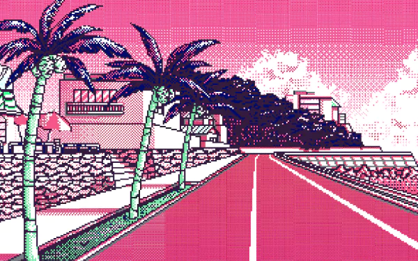 Artistic retro HD PC desktop wallpaper and background: pink pixel-art coastal highway lined with palm trees, seaside houses and stylized mountains under a grainy, dotted sky.