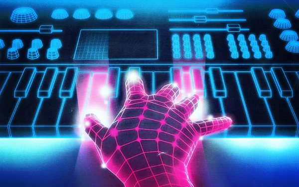 Artistic retro HD PC desktop wallpaper and background: neon pink wireframe hand playing a glowing blue synth keyboard and control panel in an 80s synthwave/cyberpunk style.