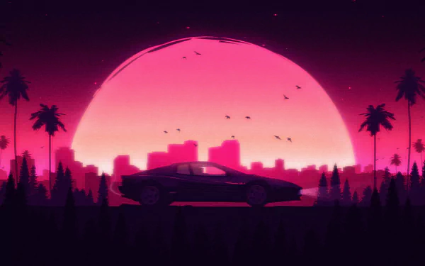 Retro artistic HD wallpaper featuring a silhouette of a car against a glowing pink sunset, with a city skyline and palm trees in the background.