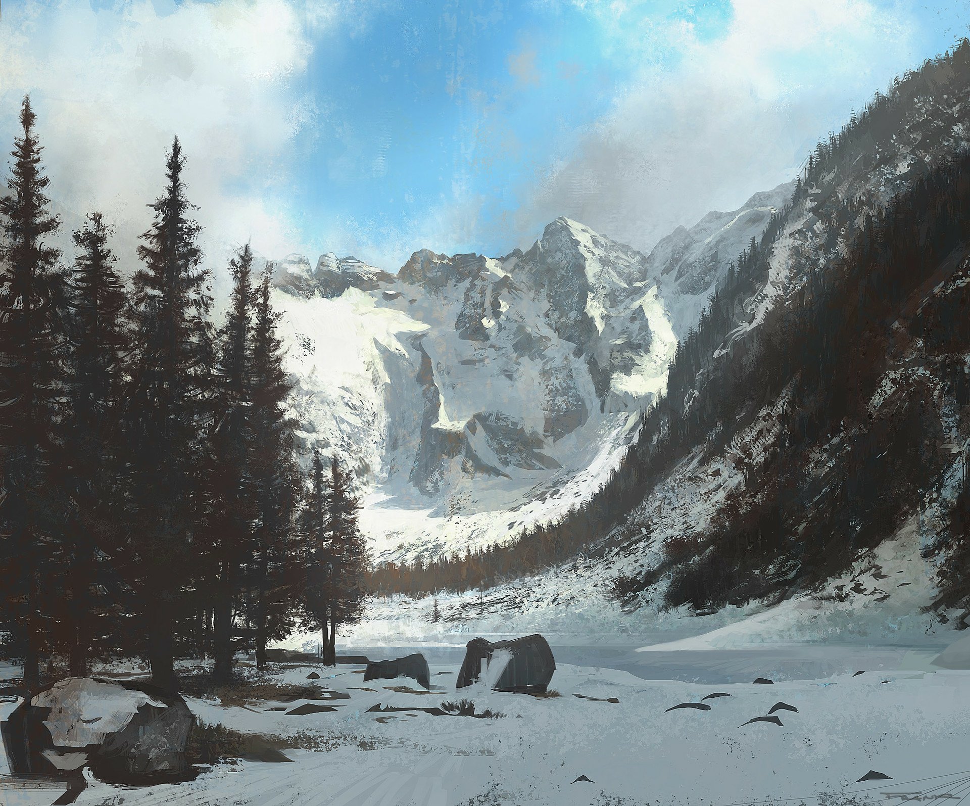 Snow-covered mountain landscape with tall trees under a partly cloudy sky, creating a serene fantasy scene in HD quality.