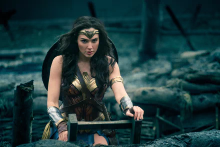 HD desktop wallpaper and background featuring Gal Gadot as Wonder Woman in a movie scene, showcasing her iconic warrior attire and determined expression amidst a battlefield setting.