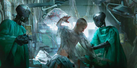 A sci-fi hospital scene with futuristic robots attending to a patient, shown in HD detail as a dynamic PC desktop wallpaper and background.