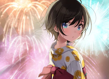 Anime original HD PC desktop wallpaper: short dark-haired girl in a patterned yukata with a red obi looks back as colorful fireworks bloom behind her, soft glow and reflective blue eyes.