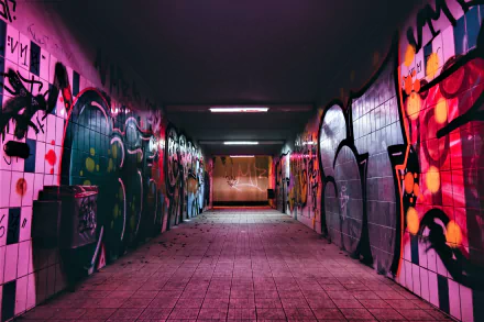 HD PC desktop wallpaper featuring a colorful, artistic subway corridor covered in vibrant graffiti under dim lighting.